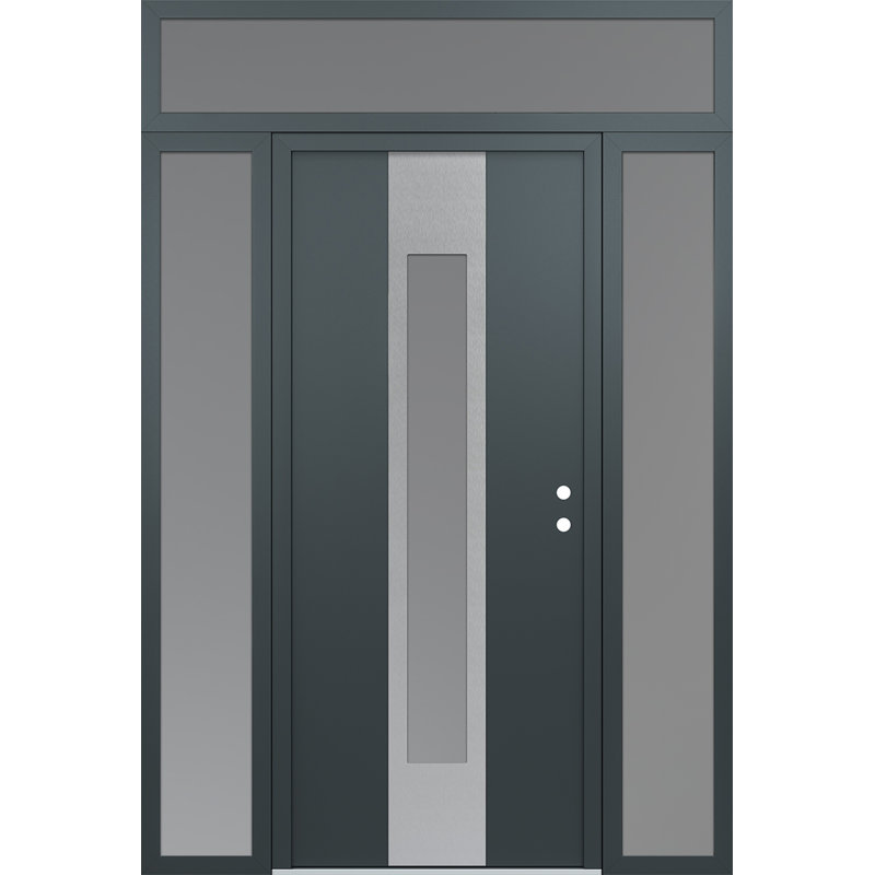 Porte d'entrée pré-suspendue en acier argenté à panneau avant gauche Diamond avec deux côtés et une traverse, Argent argent