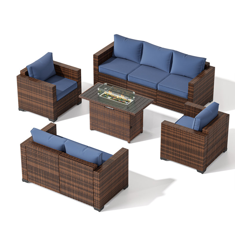 5-Pieces Wide Armrest Outdoor Sectional Rattan Conversation Set with Fire Fit Table., Navy