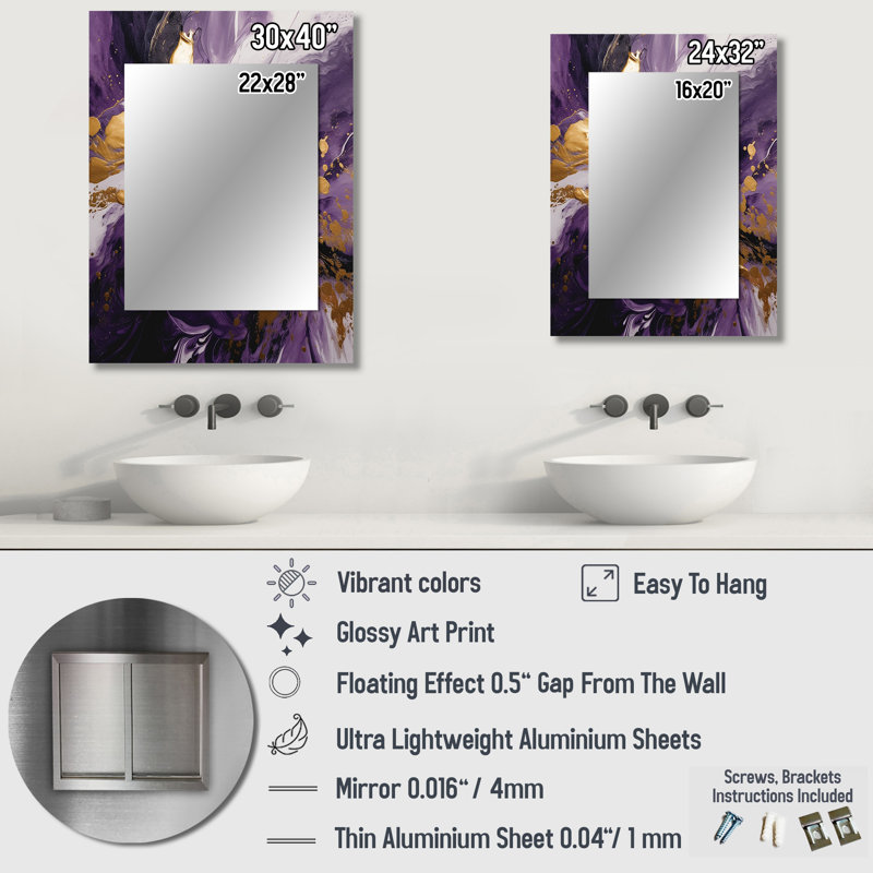 Purple and Gold Liquid Magic II - Modern Rectangular Wall Mirror, 32 po x 24 po