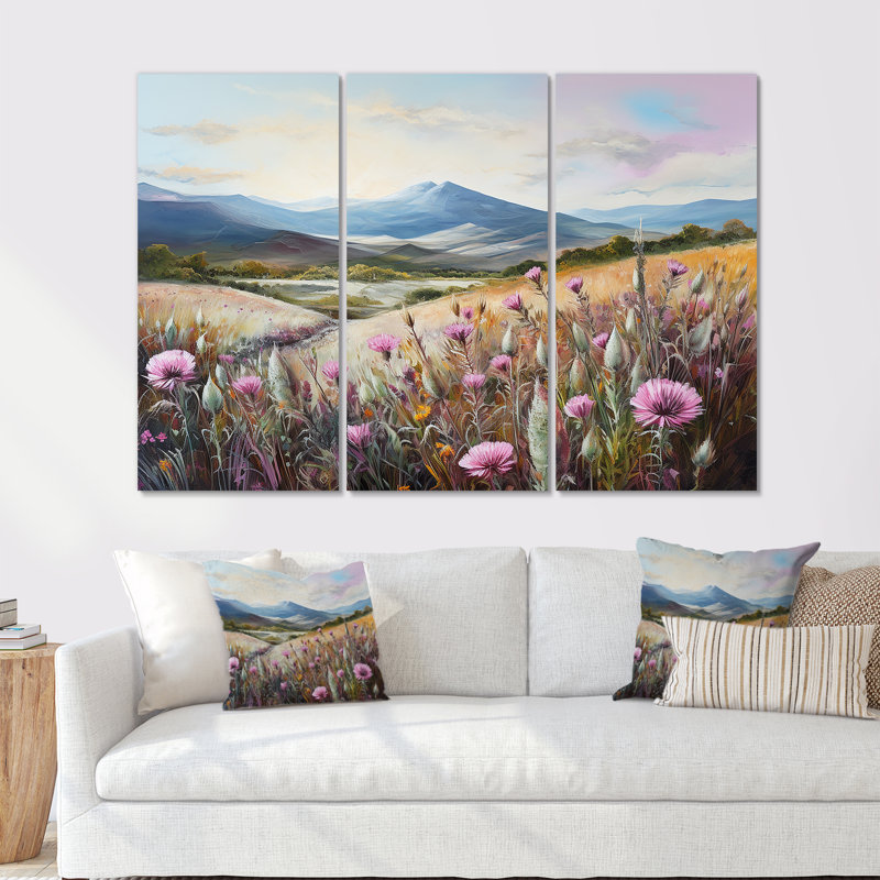 Mauve chardon champ montagne charme I - chardon ensemble d'art mural en toile, Toile tendue, H 40 po x l 60 po x P 1 po