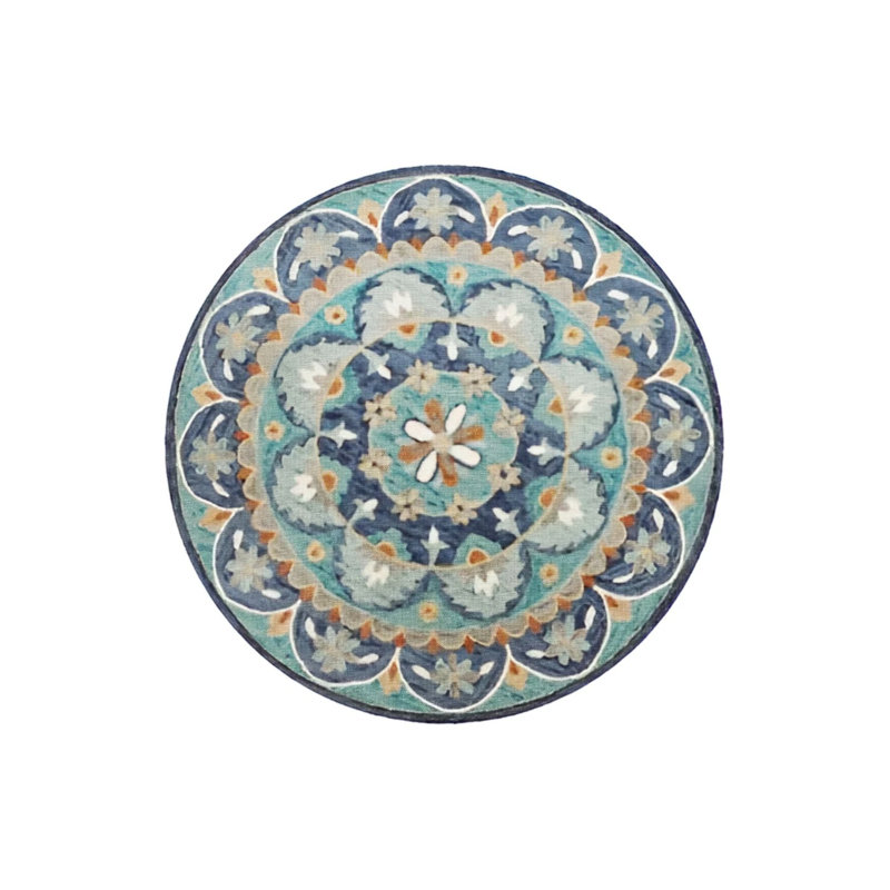 Blue Tone Multicolored Traditional Motif Floral Patterned Creative Woven Base Round Decorative Carpet, Round 4'