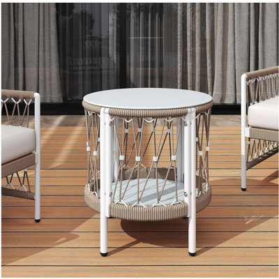 Table d'appoint d'extérieur 17,32 po Bohemian Garden - Corde tissée à la main avec structure en acier thermolaqué, plateau en verre, petite table de bout de patio pour boissons, plantes