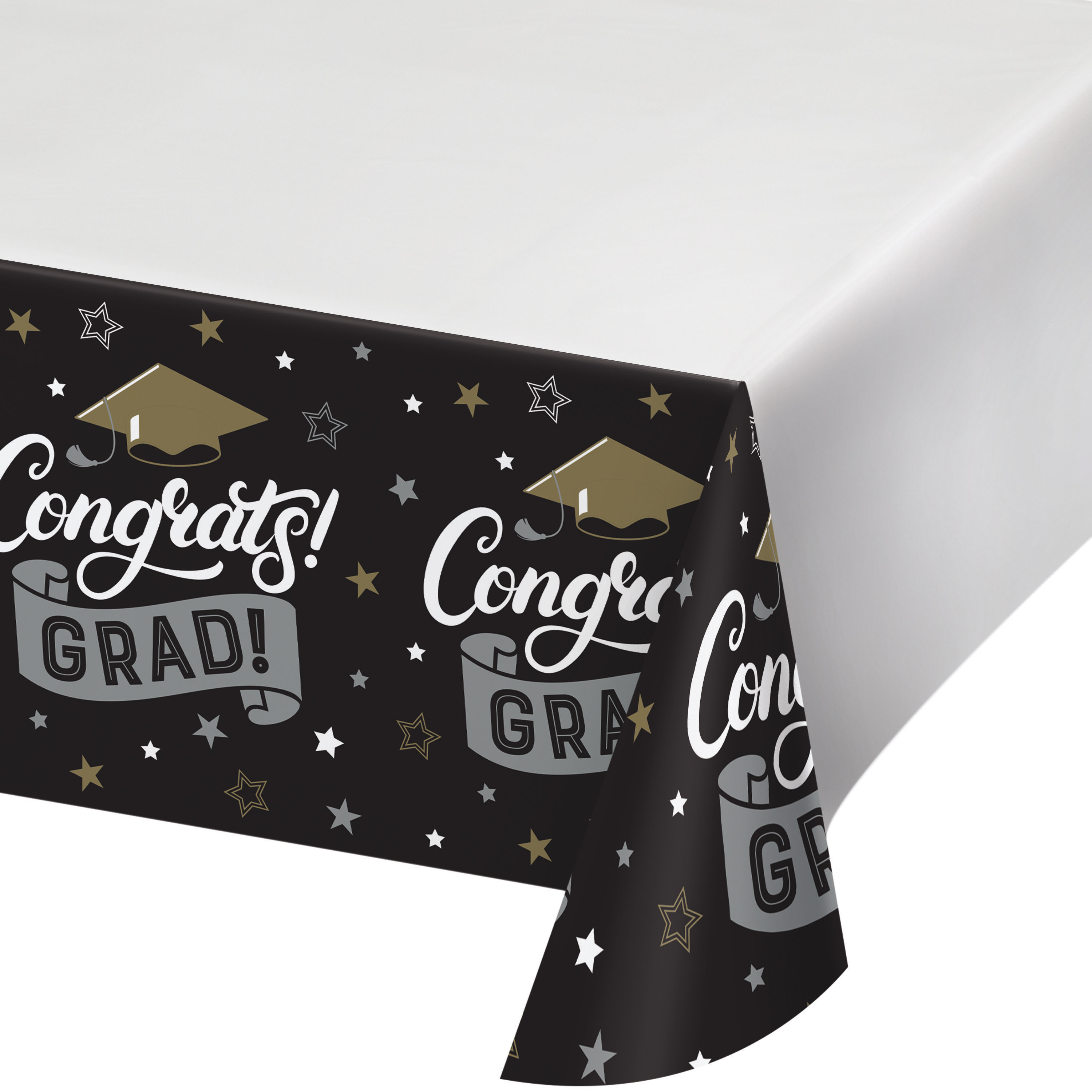 Creative Converting Glamorous "Congrats Grad" Black and Gold Graduation Paper Tablecloths, 3 ct