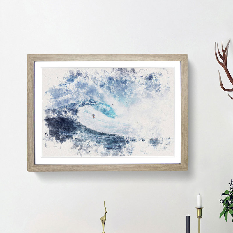 Surfing The Wave Watercolour - Single Picture Frame Print on MDF, Oak Framed, 62cm H x 87cm W x 2cm D