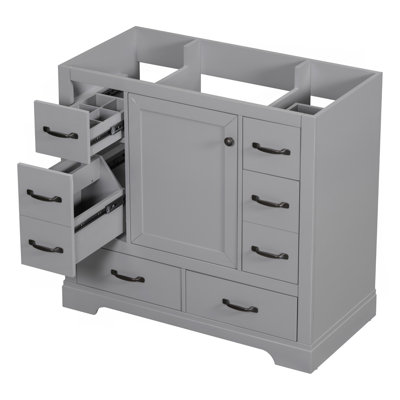 Meuble-lavabo 36 po sans lavabo, base d'armoire seulement, six tiroirs, diviseur de tiroir multifonctionnel, tablette réglable, gris
