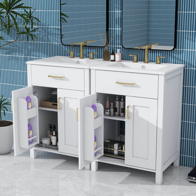 Ensemble de meuble-lavabo contemporain 48 po avec lavabo en céramique, unité de rangement avec tiroir rabattable et étagère à deux niveaux