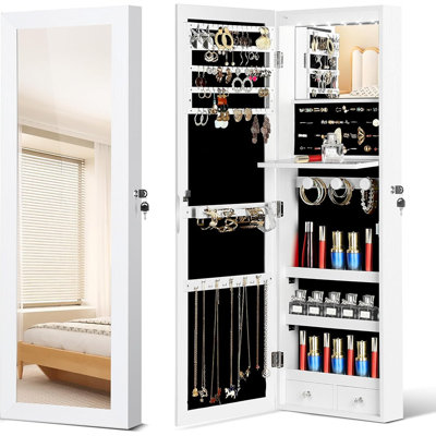 Mirror Jewelry Organizer – White – Wall/Door-Mounted Jewelry Armoire With Full-Length Mirror, Hanging Cabinet With LED Interior Lights