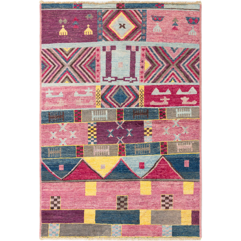 Tapis unique en laine noué à la main rose / bleu / jaune 5 pi 11 po x 8 pi 8 po années 2010 Quinillo