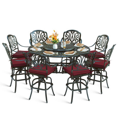  Ensemble de salle à manger d'extérieur pour terrasse de 10 pièces, ensemble de table et chaises de bar en aluminium coulé antirouille, comprenant 8 tabourets de bar pivotants et table de salle à manger à hauteur de bar de 61 po avec plateau tournant 31 po, trou pour parasol