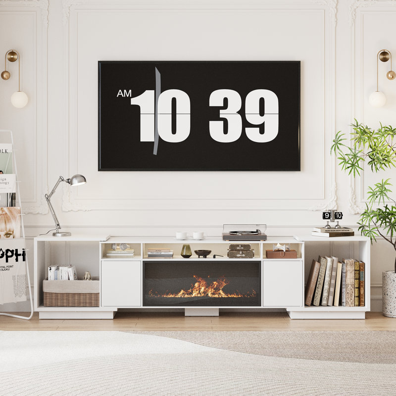 Meuble télé avec foyer électrique moderne, meuble multimédia avec tablettes de rangement ouvertes et armoires latérales, console de télévision en bois