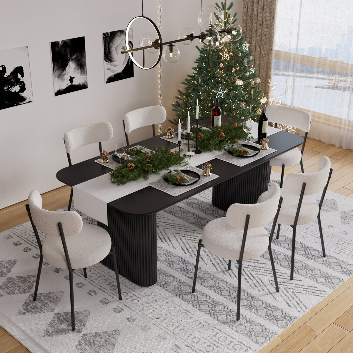 Mercer41 Rectangle Double Pedestal Dining Set with Cream Style Dining ...