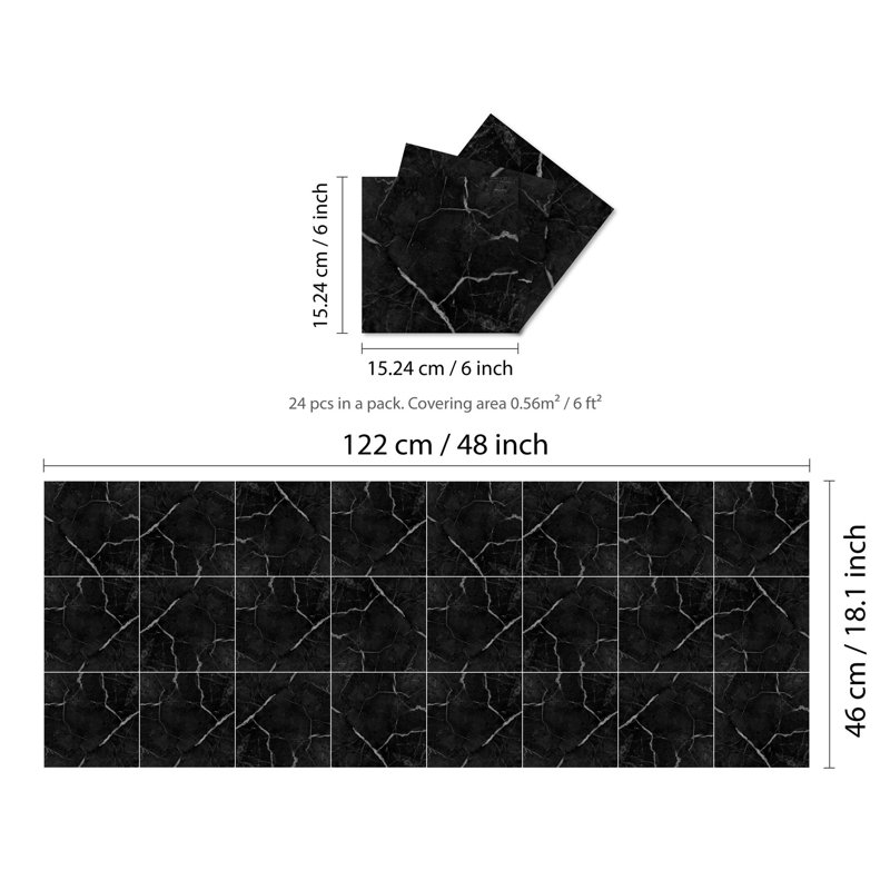 Calcidon Black Ink Marble Stone Tile Sticker 15.24cm W x 15.24cm L