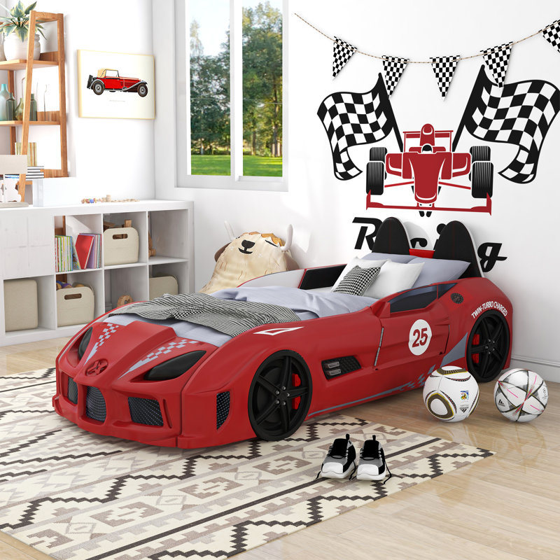 Lunnie Twin Car Bed With Lights, Blue, Red