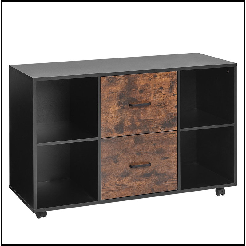 Cabine en bois 2 tiroirs avec tablettes ouvertes et roues verrouillables