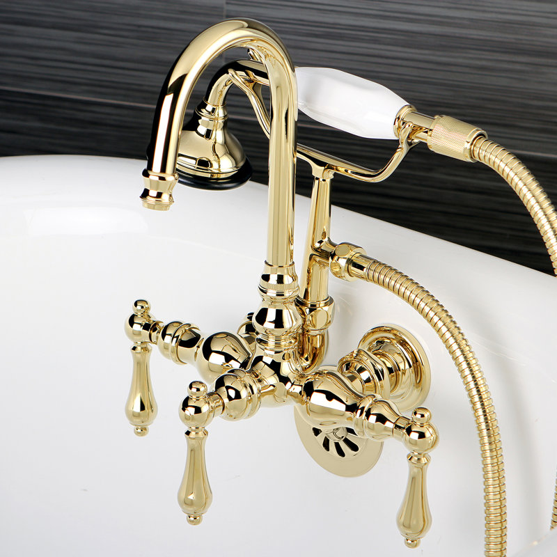 Kingston Brass Aqua Vintage Three-Handle 2-Hole Tub Wall Mount Clawfoot Tub Faucet with Hand Shower, Polished Brass