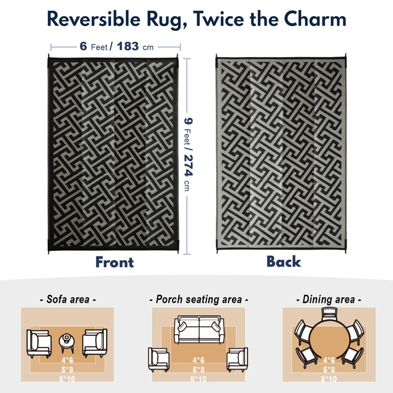 Beige/Black Outdoor/Indoor Area Rug, Rectangle 6' x 9'