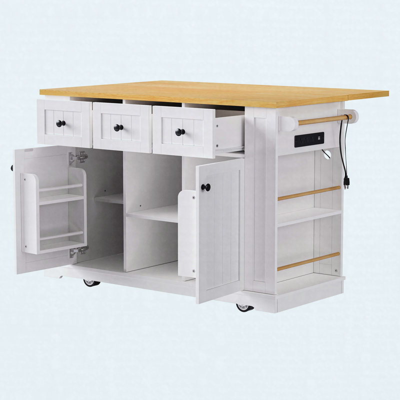 Grand îlot de cuisine de 53 pouces avec 2 tabourets de bar, prise de courant, support de rangement interne pour porte, chariot de rangement pour cuisine sur 5 roulettes avec abattant, 5 supports latéraux ouverts, 3 tiroirs, blanc