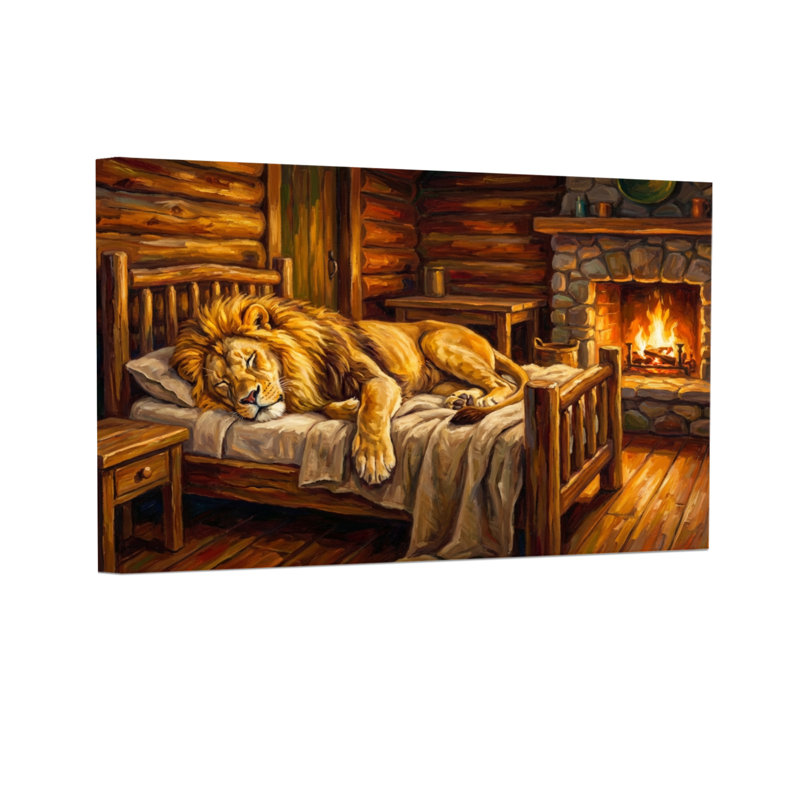 Animaux animaux dormant sur un lit dans une cabane avec foyer