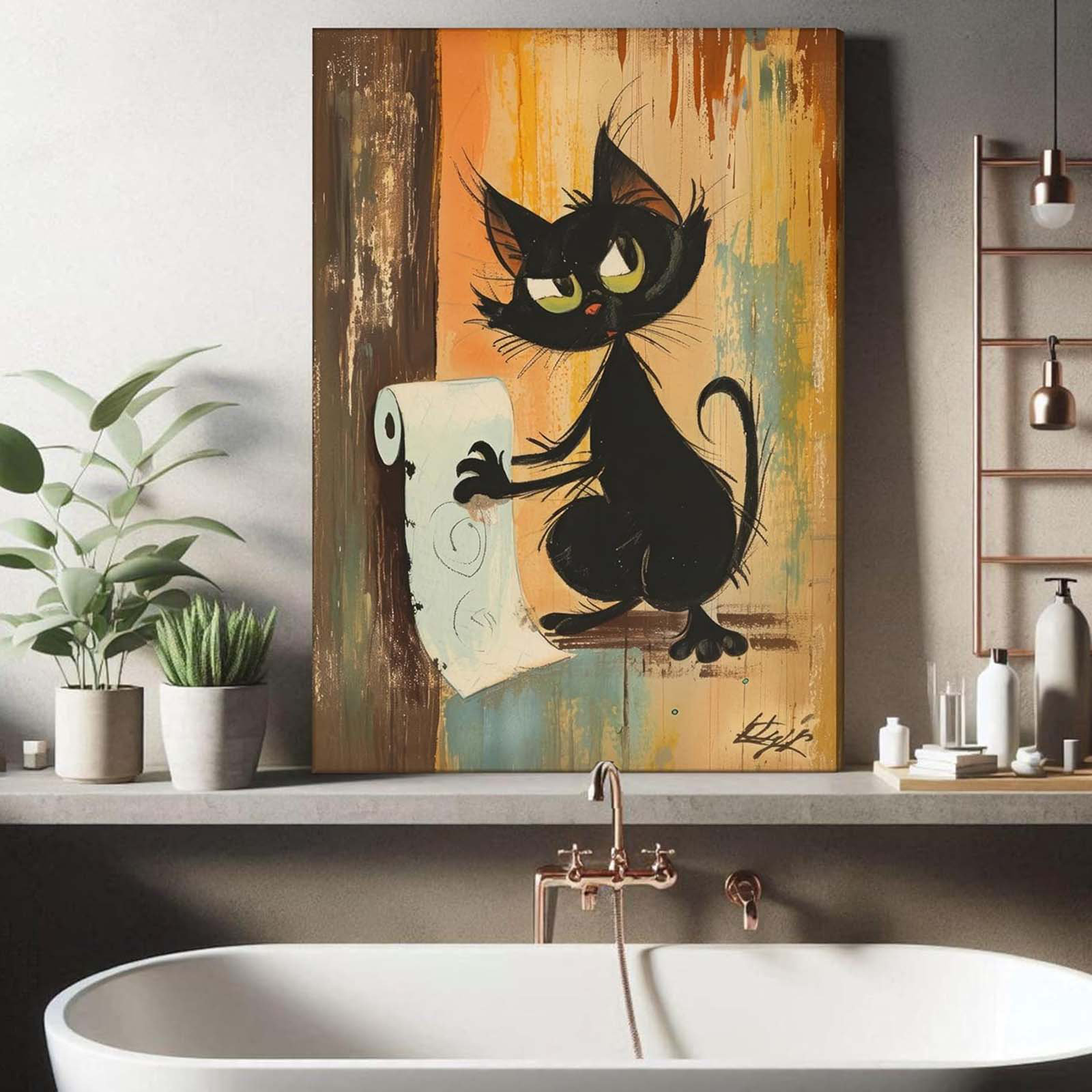 Winston Porter Funny Black Cat Bathroom Canvas Wall Art Abstract Cat ...
