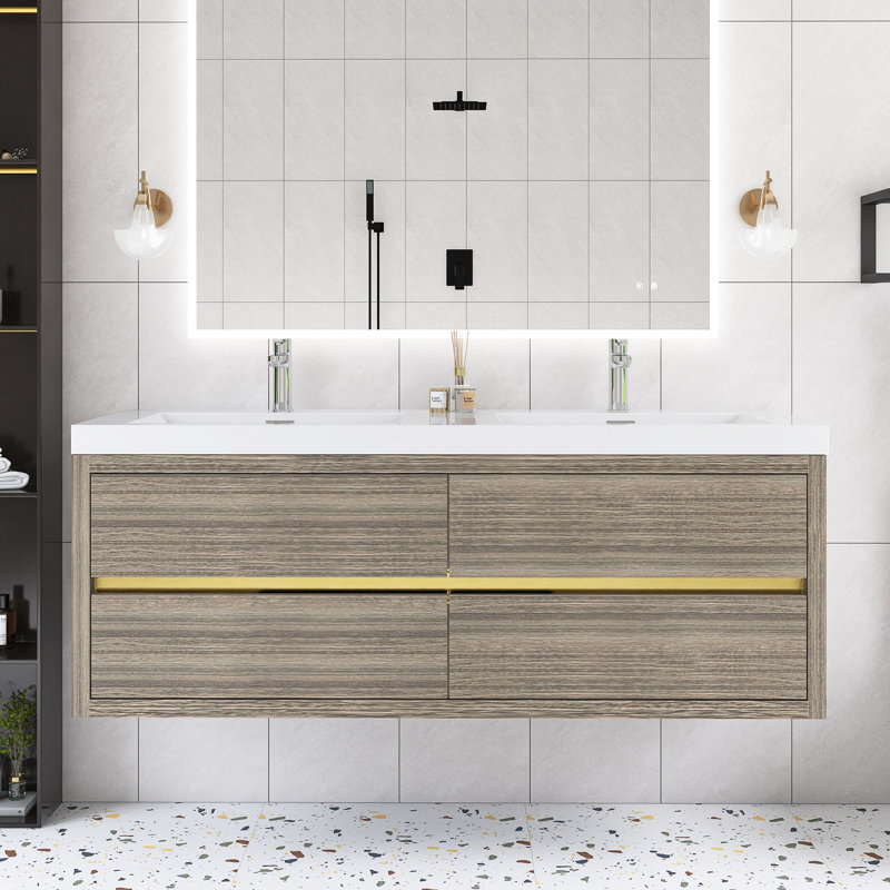 Meuble-lavabo double 60 po avec comptoir intégré en composite 60 po, Bois de frêne gris