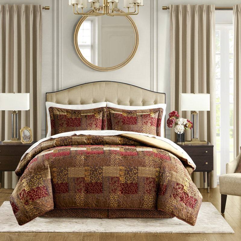 Brown Queen Comforter , 2 Shams, , Upgraded Manufacturing Process, Hidden Zippers, Pattern Design 4 Piece For Bed - Chenille Front, Solid Dyed Back, Supportive Wadding