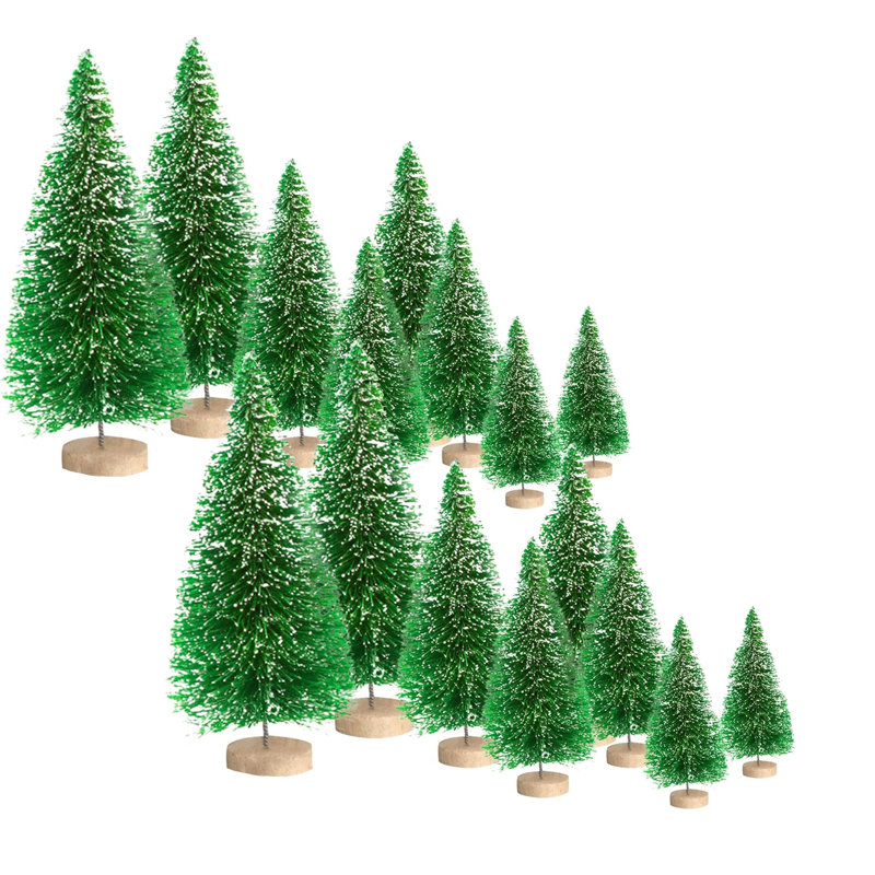 16 mini sapins de Noël artificiels, arbres à brosse en forme de bouteille avec base en bois, 4 tailles, 