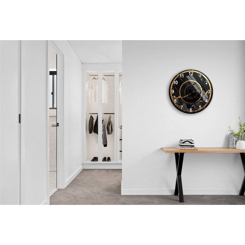 Horloge murale moderne en verre trempé, marbre noir et accent doré, décoration intérieure élégante, idée de cadeau de pendaison de crémaillère, montre minimaliste
