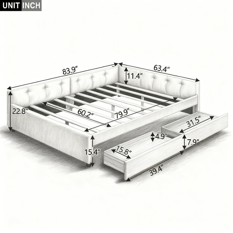 Lit avec port USB et 2 tiroirs, Grand lit