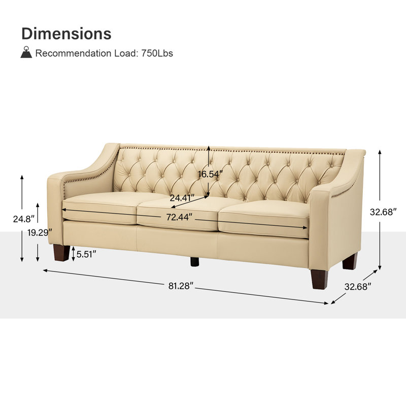Bethea 81.28" Genuine Leather 3-Seat Sofa with Tufted Back, Beige Genuine Leather