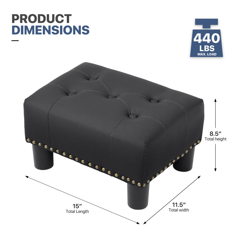 Engelsman Upholstered Ottoman Bench, PU Leather Button Tufted Ottoman Footrest Stool for Living Room, Black Faux Leather