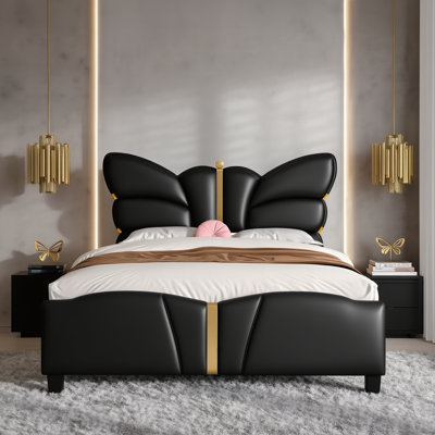Leeandrew Butterfly-Shaped PU Leather Platform Bed With Wooden Slats