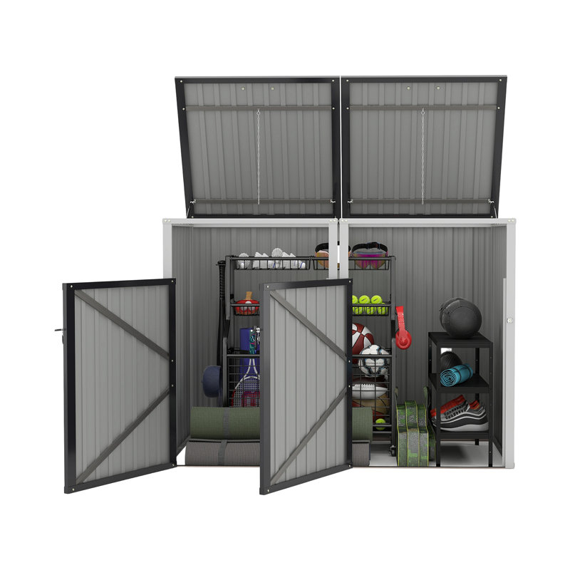 Garbage Bin Shed Stores 2 Trash Cans Metal Outdoor Bin Shed For Garbage Storage,54 Cubic Feet Of Space,Stainless Galvanized Steel, Bin Shed For Garden Yard Lawn,Grey