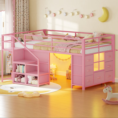 Lit mezzanine bas avec lumières DEL, lit mezzanine pour enfants avec 7 tiroirs de rangement, 3 casiers ouverts, tringle à vêtements pratique, lit mezzanine simple avec garde-corps et escalier, aire de jeu sous le lit