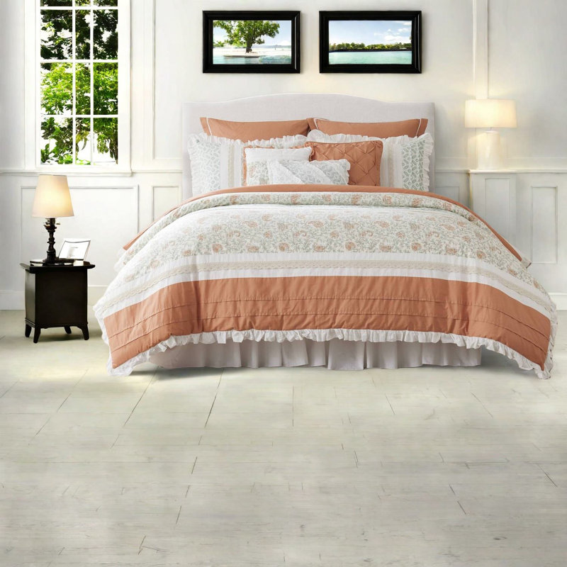 Ensemble de literie 9 pièces Farmhouse, percale de coton, corail pour grand lit