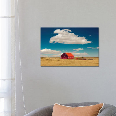 Oklahoma, USA Red Barn in Field with Puffy Clouds in Remote Oklahoma 1 Piece Wrapped Canvas Wall Art