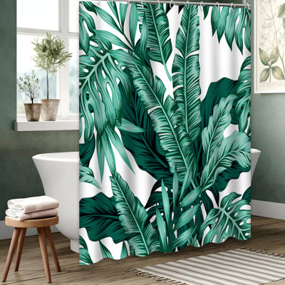 Rideau de douche blanc à motif de feuilles exotiques blanches avec 12 crochets