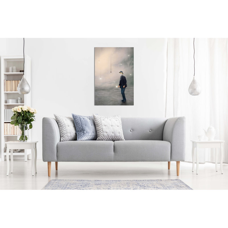 Illuminated Light Bulbs Standing Faceless Man - Wrapped Canvas Painting, 91cm H x 61cm W
