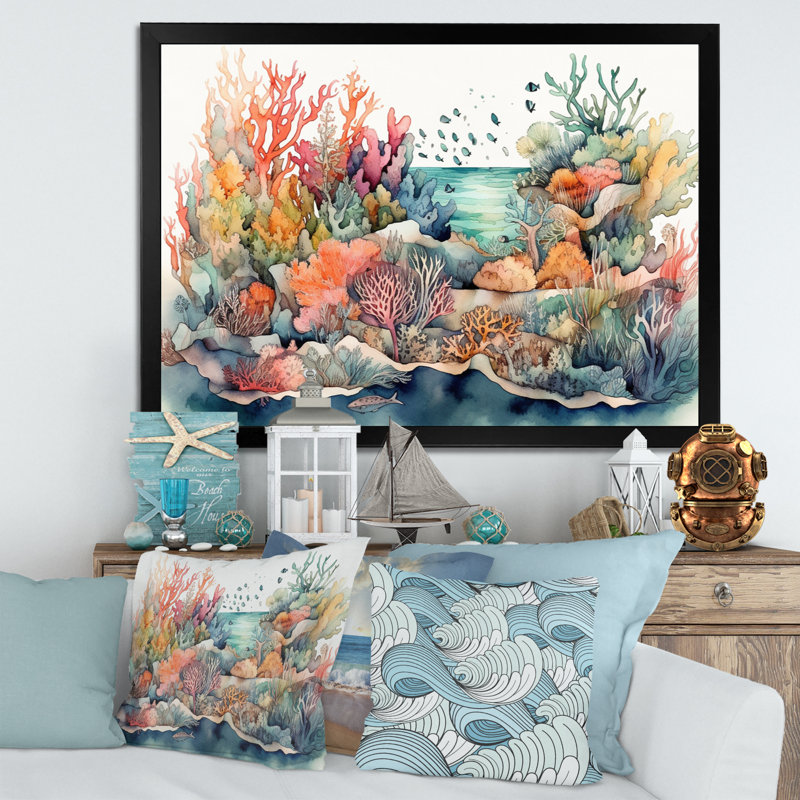 «Vibrant Coral Reef II - Modern Beach», reproduction sur toile encadrée, Cadre noir, H 34 po x l 44 po x P 1,5 po