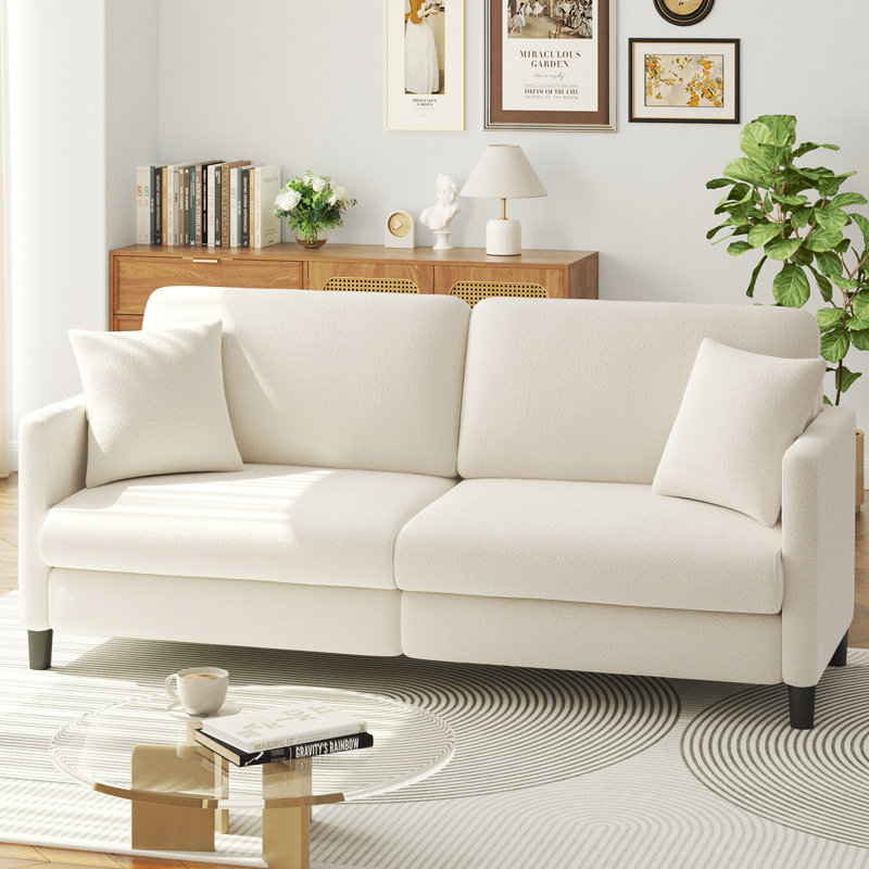 Modern 193cm Teddy 3-Seater Sofa with Square Armrests and Two Throw Pillows, Beige