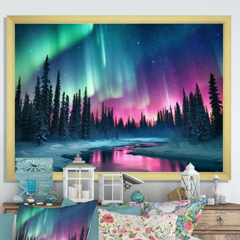 Northern Lights In Alaska II - Alaska, art mural, H 24 po x l 32 po x P 1 po, Cadre doré simple