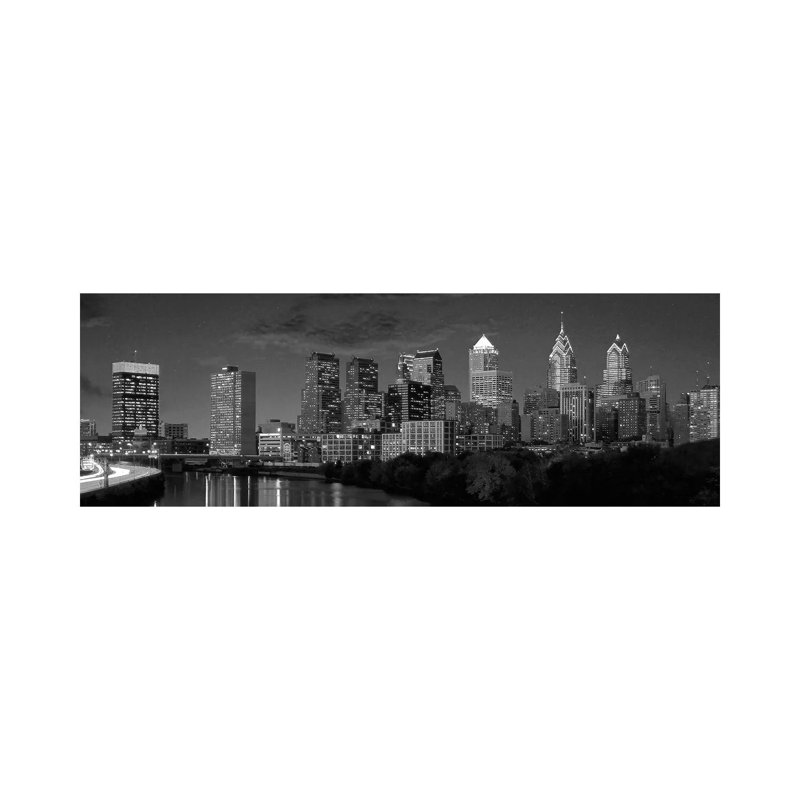 Philadelphia Panoramic Skyline Cityscape (Black & White) - Wrapped Canvas Panoramic Print