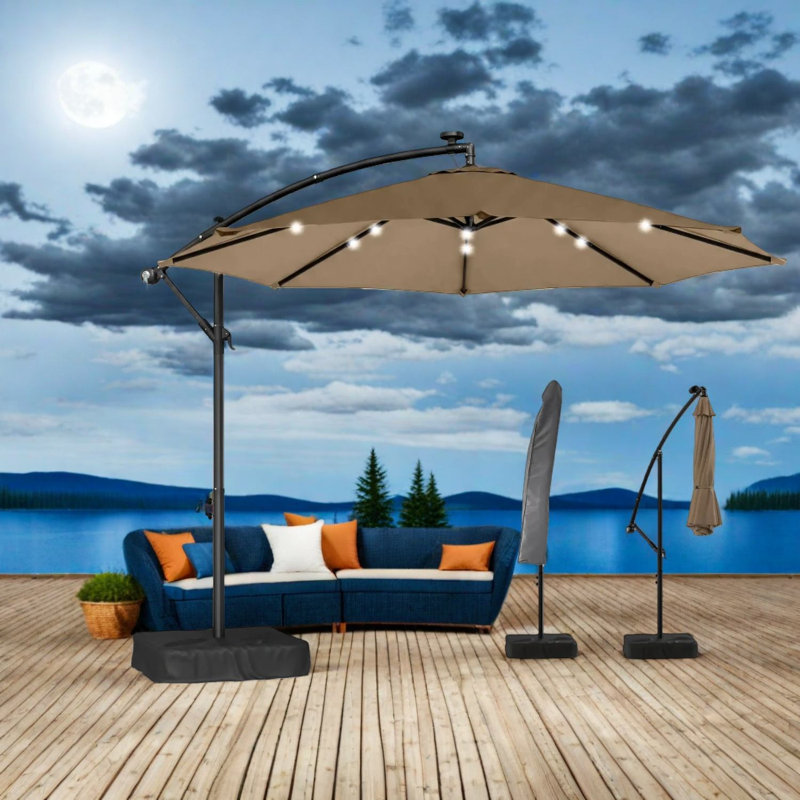 Parasols de patio en porte-à-faux à énergie solaire, acier brun clair, abat-jour d'extérieur moderne