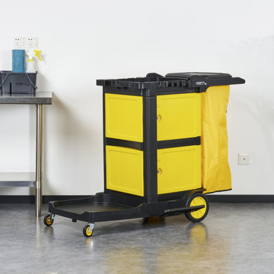 Chariot de conciergerie professionnel à 3 tablettes avec roulettes, 1 chariot de nettoyage avec couvercle et sac de 21 gallons - Comprend 1 armoire verrouillable double, chariot de conciergerie en plastique gris robuste