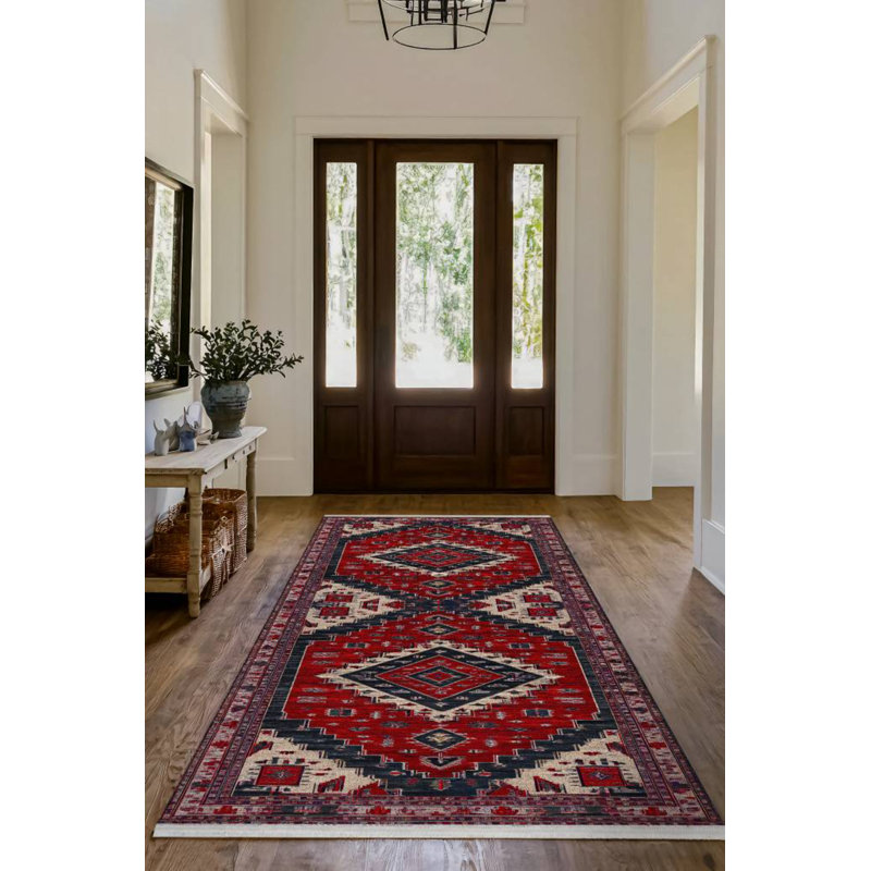 Gulhayo Collection Digital Print Cotton-Polyester Burgundy Navy Moroccan Rug, Runner 4' x 8'3"