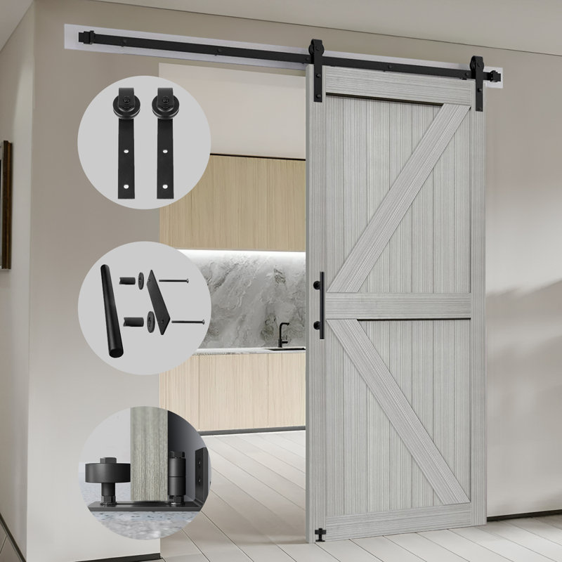 Porte de grange double en MDF 28 po x 84 po S&Z Tophand® avec trousse de quincaillerie de porte coulissante de 10 pi, dalle de porte de grange solide recouverte d'une surface en PVC imperméable