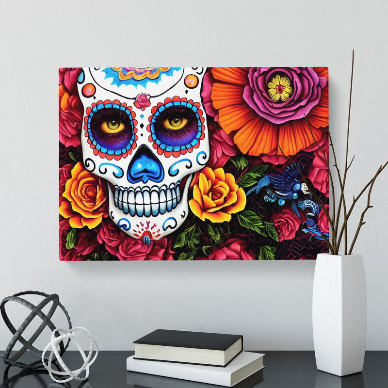 Shining Floral Sugar Skull - Wrapped Canvas, 35cm H x 50cm W x 3cm D