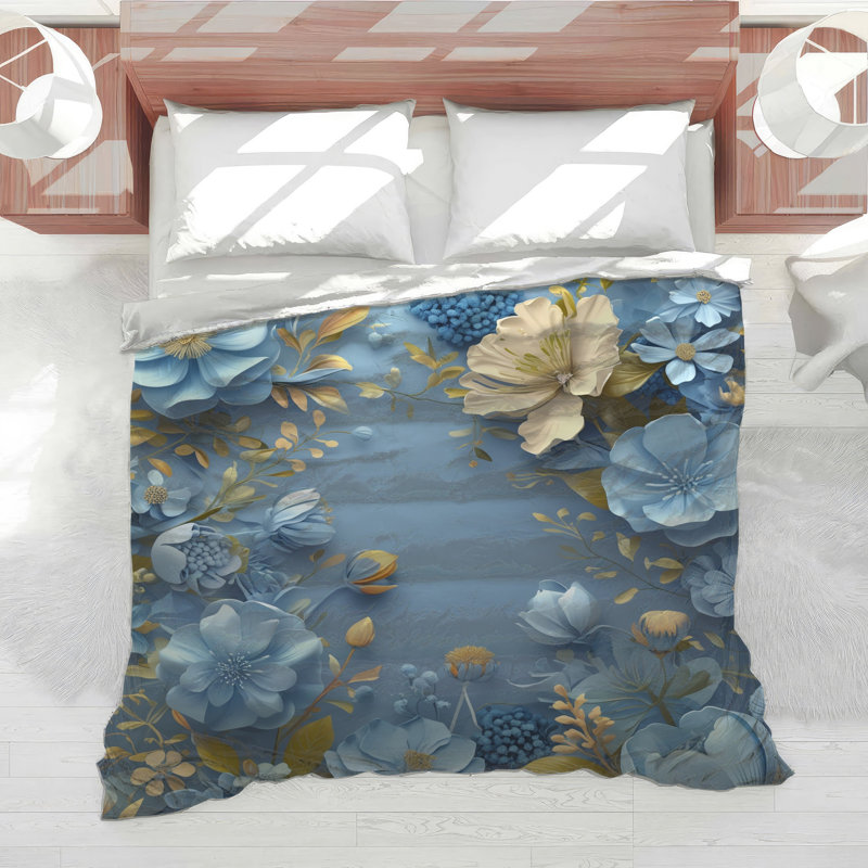 Édredon bleu à motif floral, Très grand lit