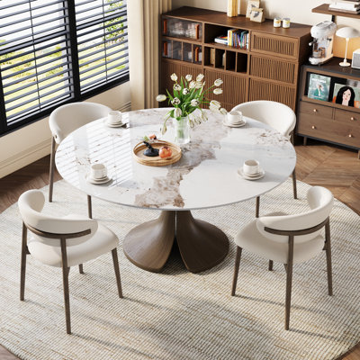 Trinity Bloom 5 Pcs Round Dining Table Set With Upholstered Chairs | Sintered Stone Travertine Top & Sculptural Wood Base