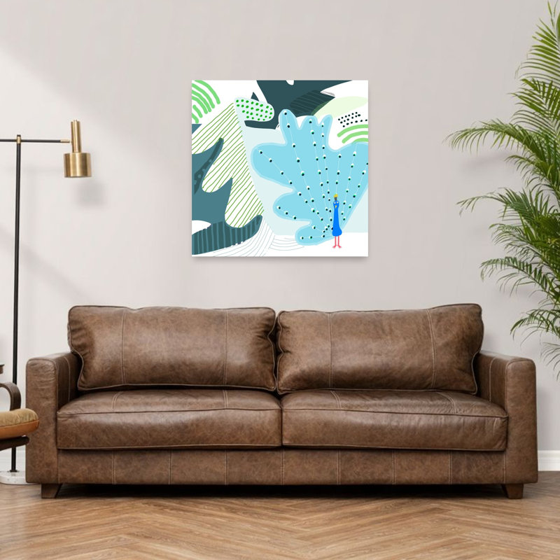 Playful Blue Peacock Abstract Modern Playful Bird Nature Wall Art Print by Carla Daly - Wrapped Canvas Print