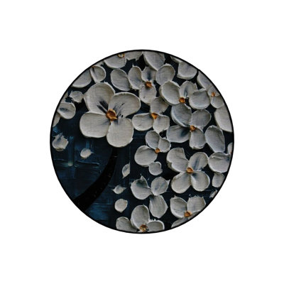 Dark Blue Beige Floral Patterned Round Woven Base Modern Decorative Carpet